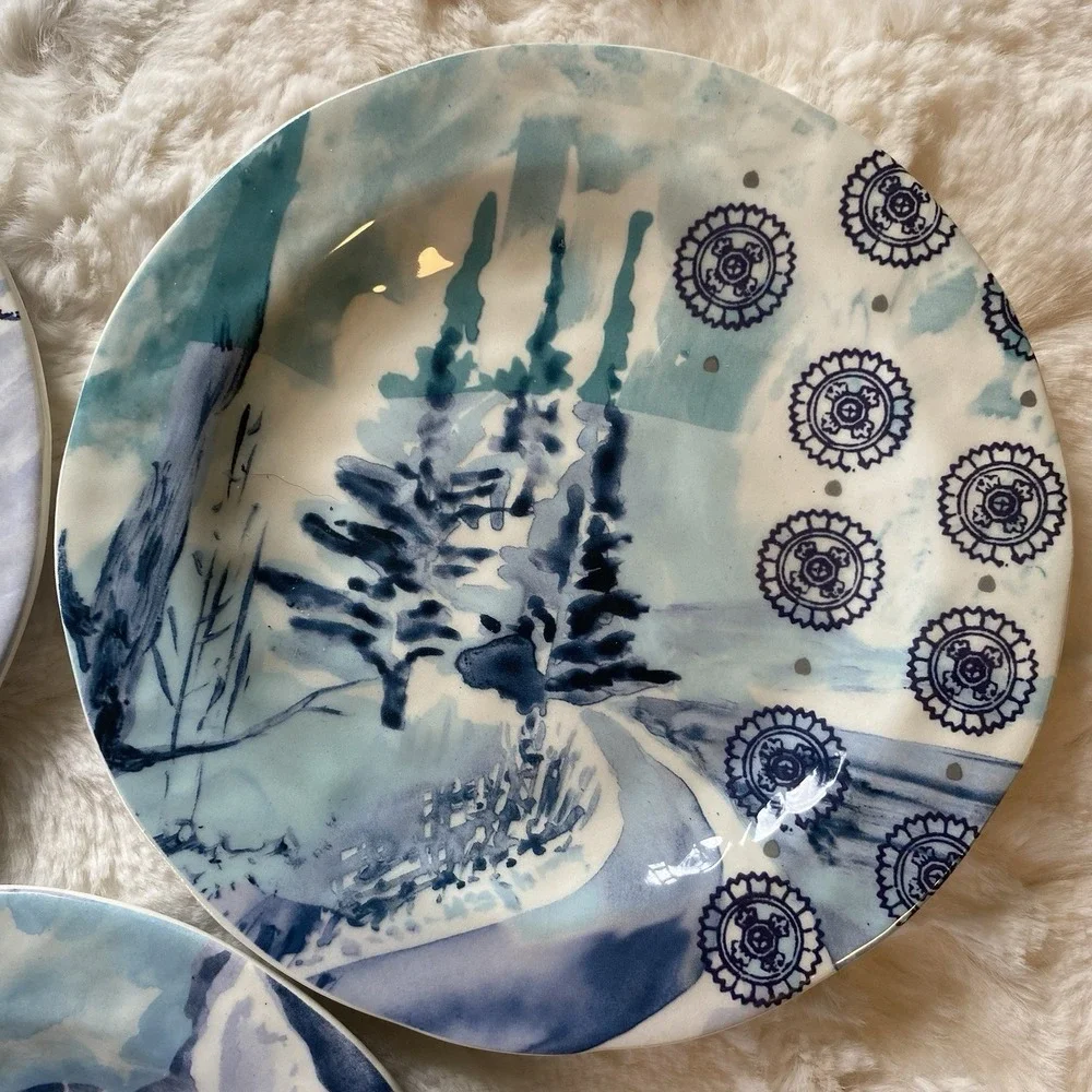 Anthropologie Winter Canape Plates Set of 3 Winter Scene Fox Salad/Dessert Plate